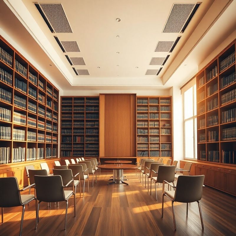Sală de conferințe cu bibliotecă din lemn și lumină aurie